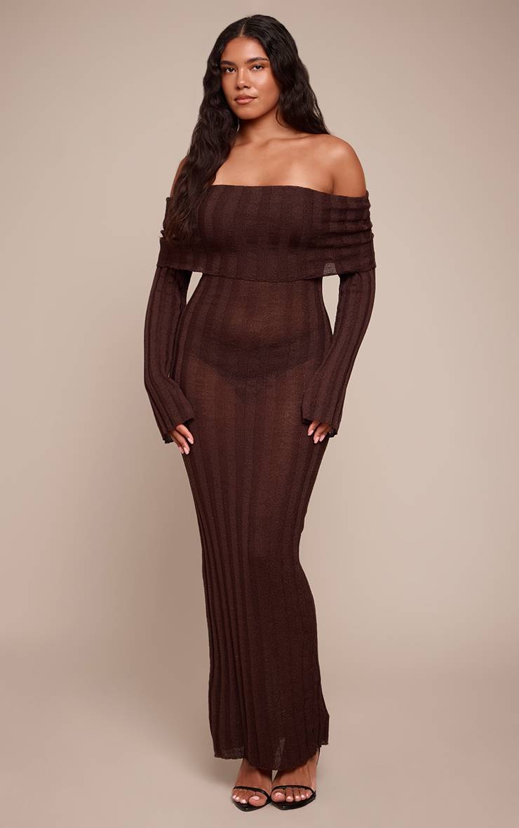 Chocolat Robe Maxi Côtelée Bardot À Revers Shape