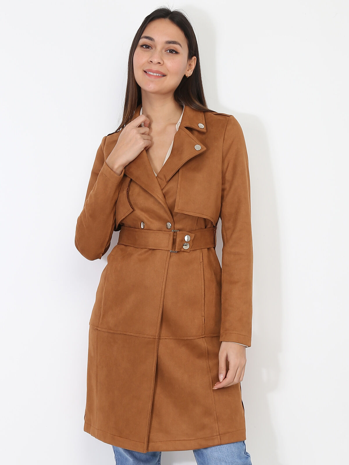 Veste longue ceinturée en suédine- Camel foncé