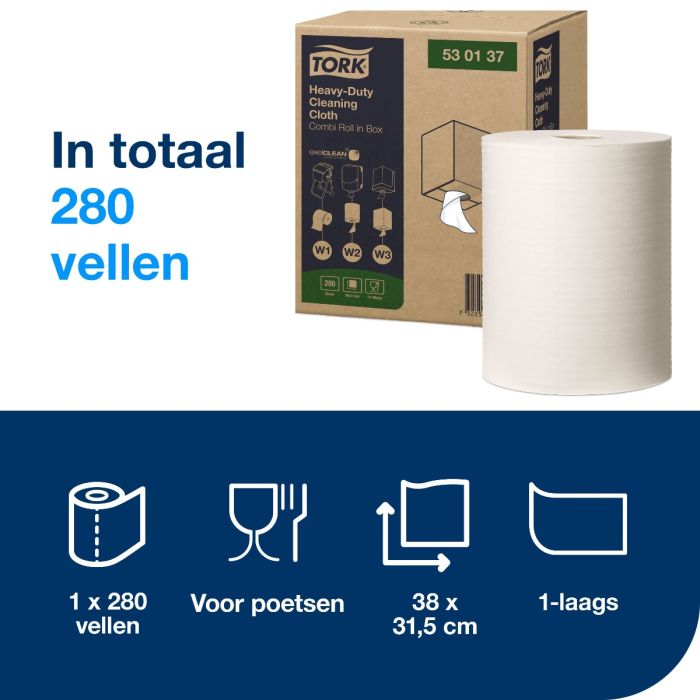 Tork 530137 Premium poetsdoek wit non-woven 530 Combi Roll, W1/W2/W3, 280 vel/rol (530137)
