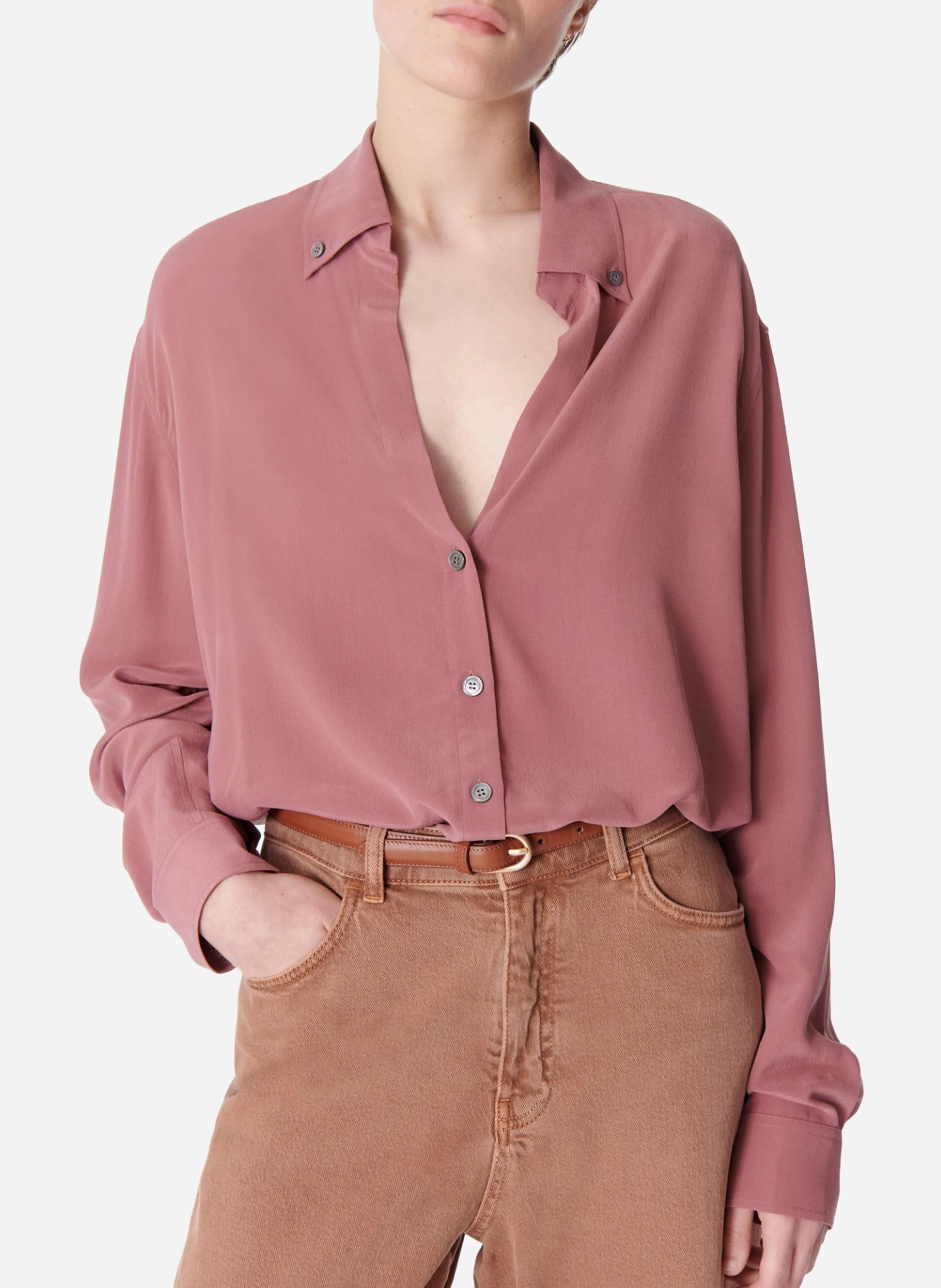 DRUYAT - Chemise à col v fluide en soie| Marron