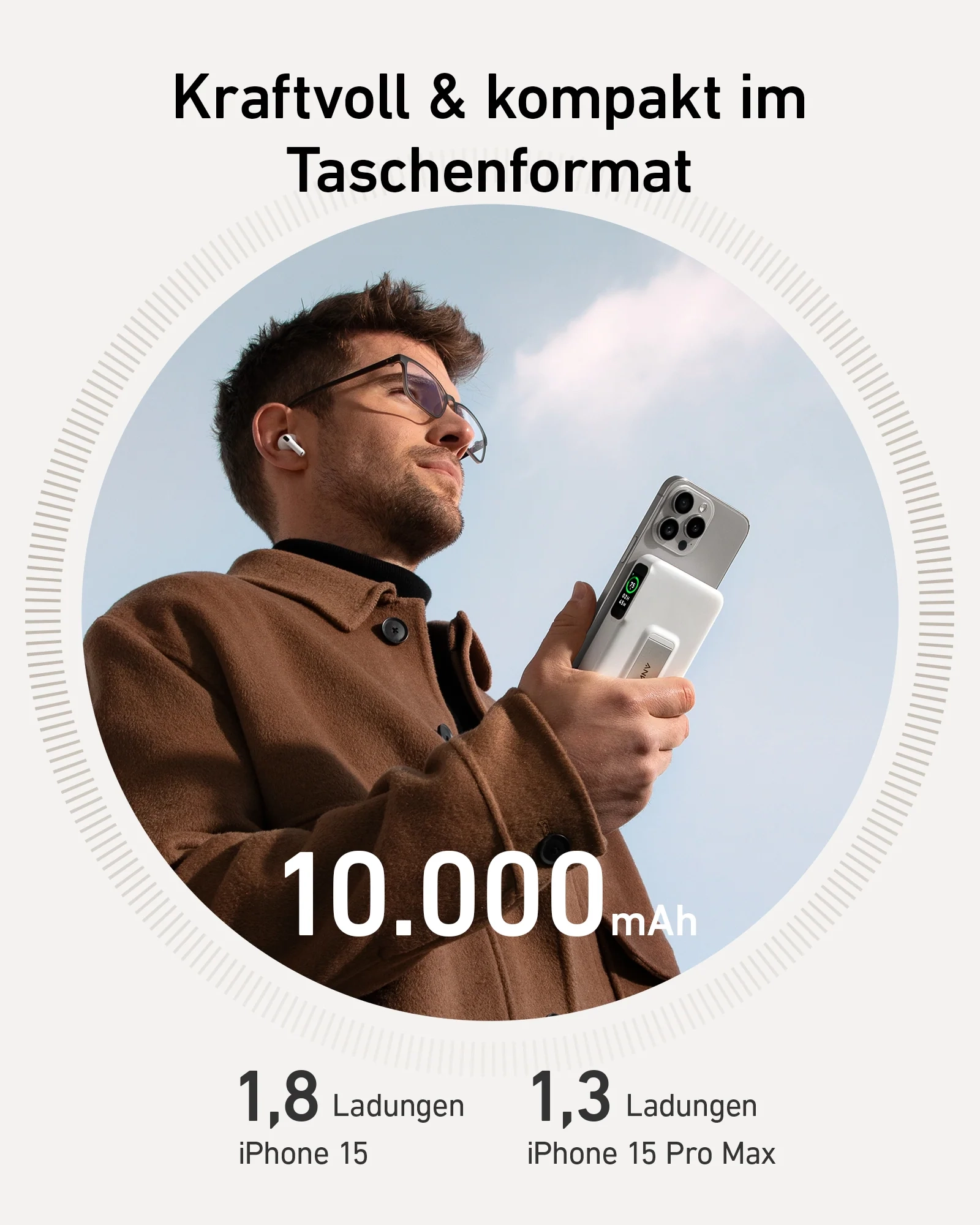 (15W) 10000mAh Magnetische Qi2 MagSafe MagGo Powerbank USB C Ladegerät mit LED Anzeige   Kickstand (A1654G21) - Weiss