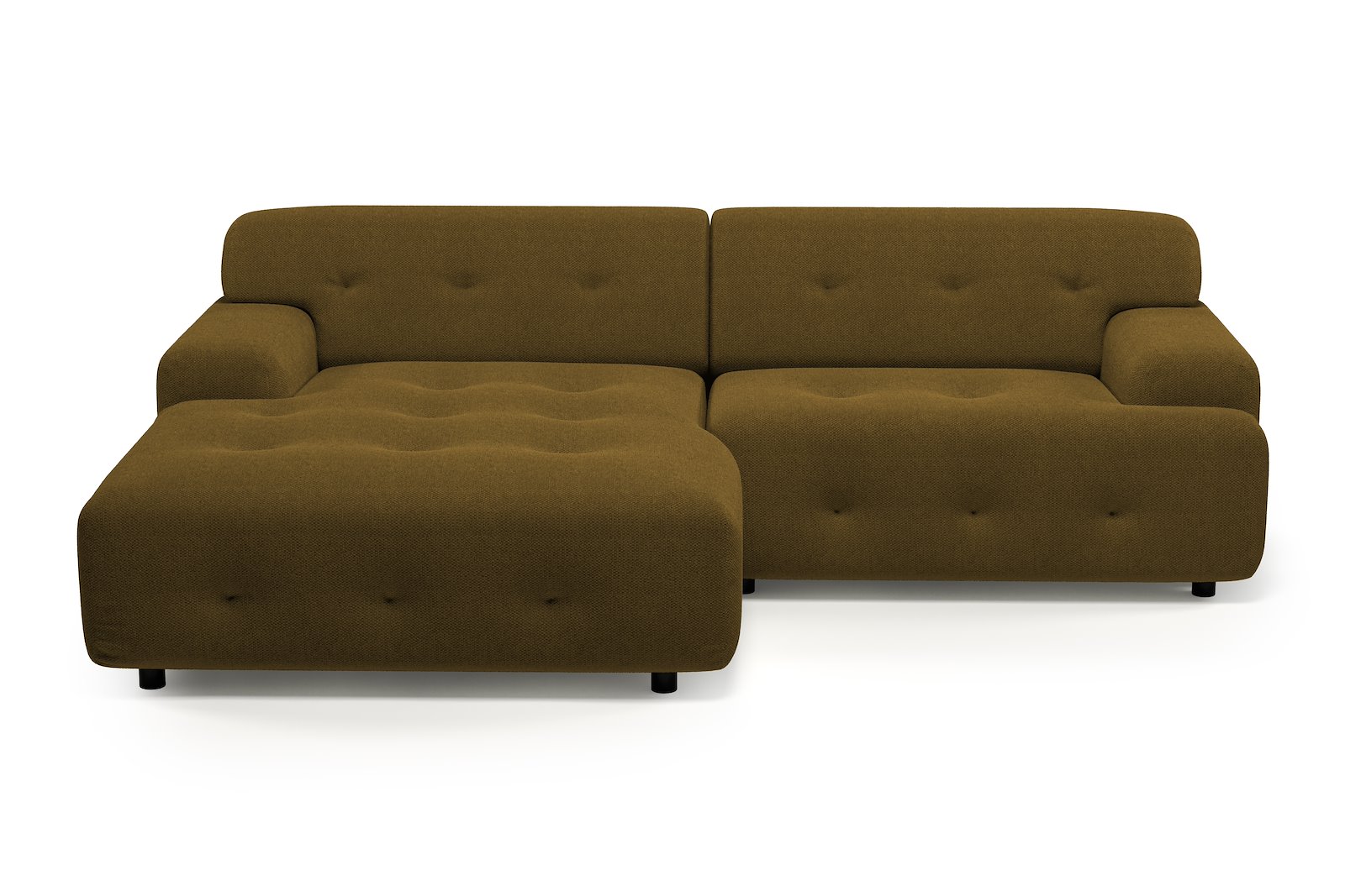 Bob sofa 1,5-seter med sjeselong venstre. Tekstil Mito 14 Khaki med sorte ben.