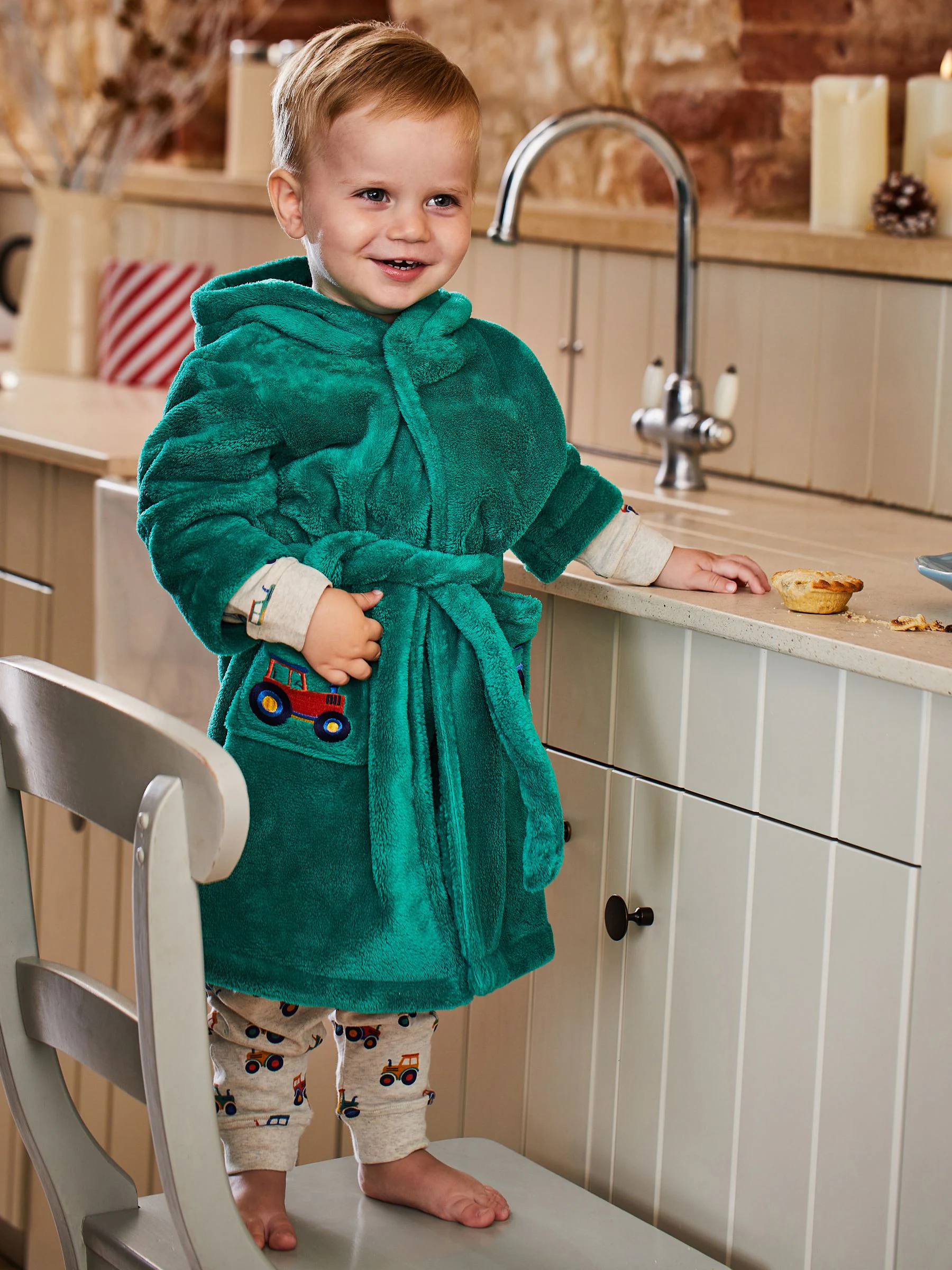 Groen met traktorenprint - JoJo Maman Bébé - Kamerjas met graafmachineprint
