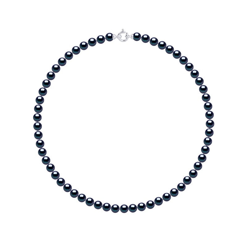 Collier Rang PRINCESSE Perles d'Eau Douce Rondes 6-7 mm Noires Fermoir Prestige Or Blanc