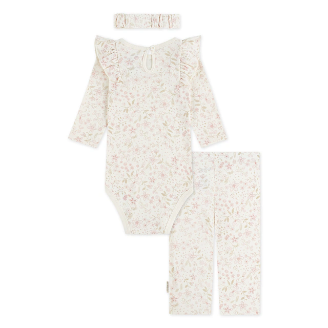 HUGGIES babywear Body & Hose »HUGG BODYSUIT PANT ATTACHMENT«, 3 Stk. & Stirnband mit Blümchenmotiv