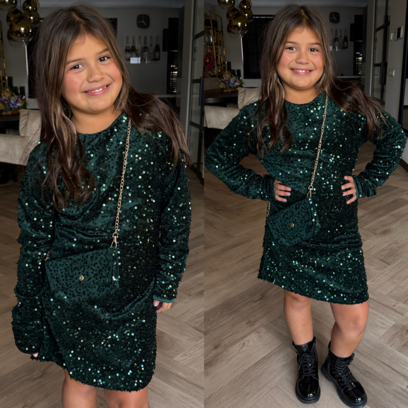 Glitterjurk met tasje - groen
