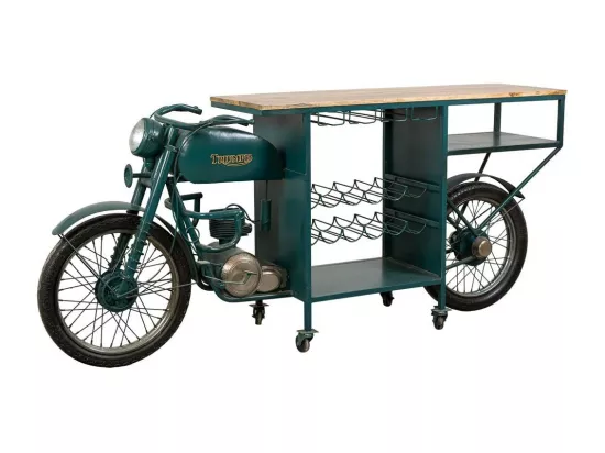 Barre porte-bouteilles moto en bois et métal bleu 210x45x100h
