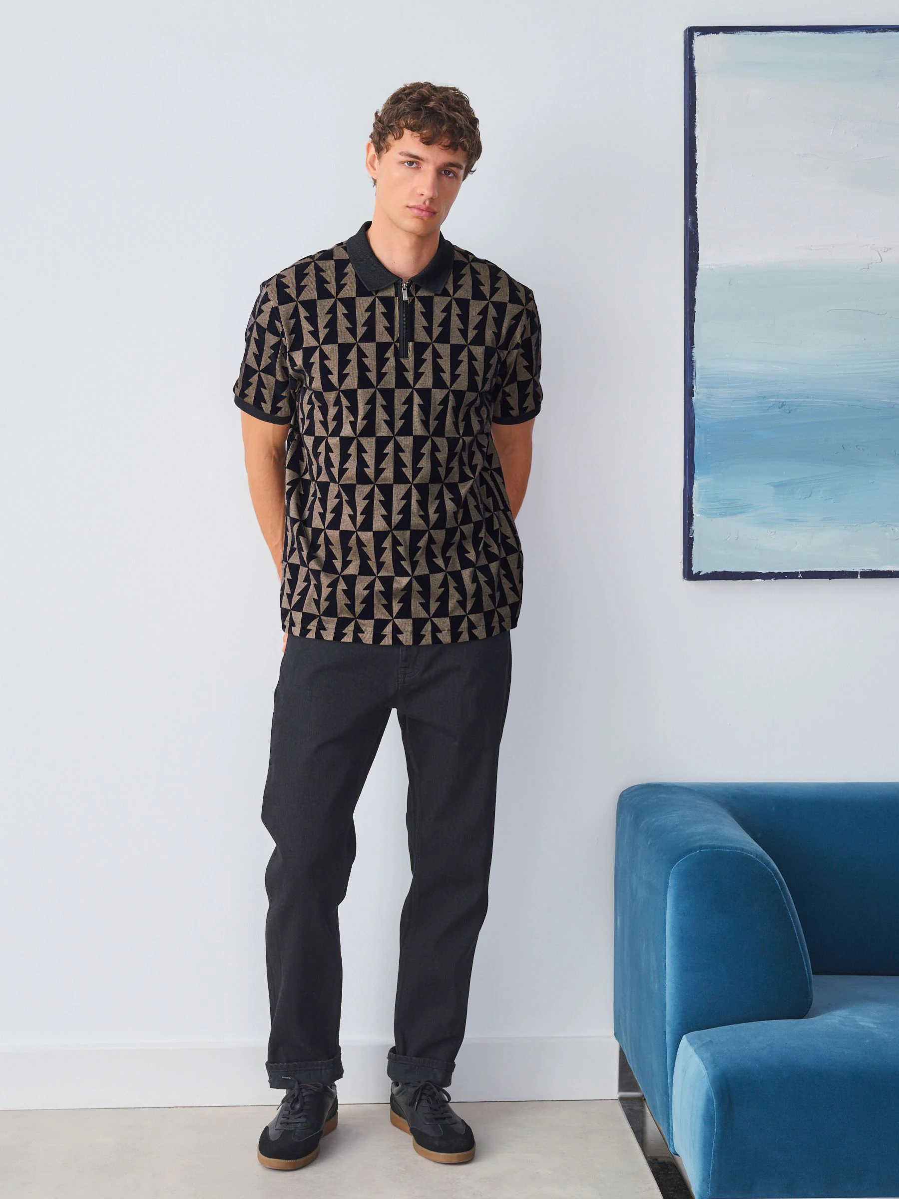 Zwart/goud kerstboom - Kwart poloshirt met gevlokte ritssluiting
