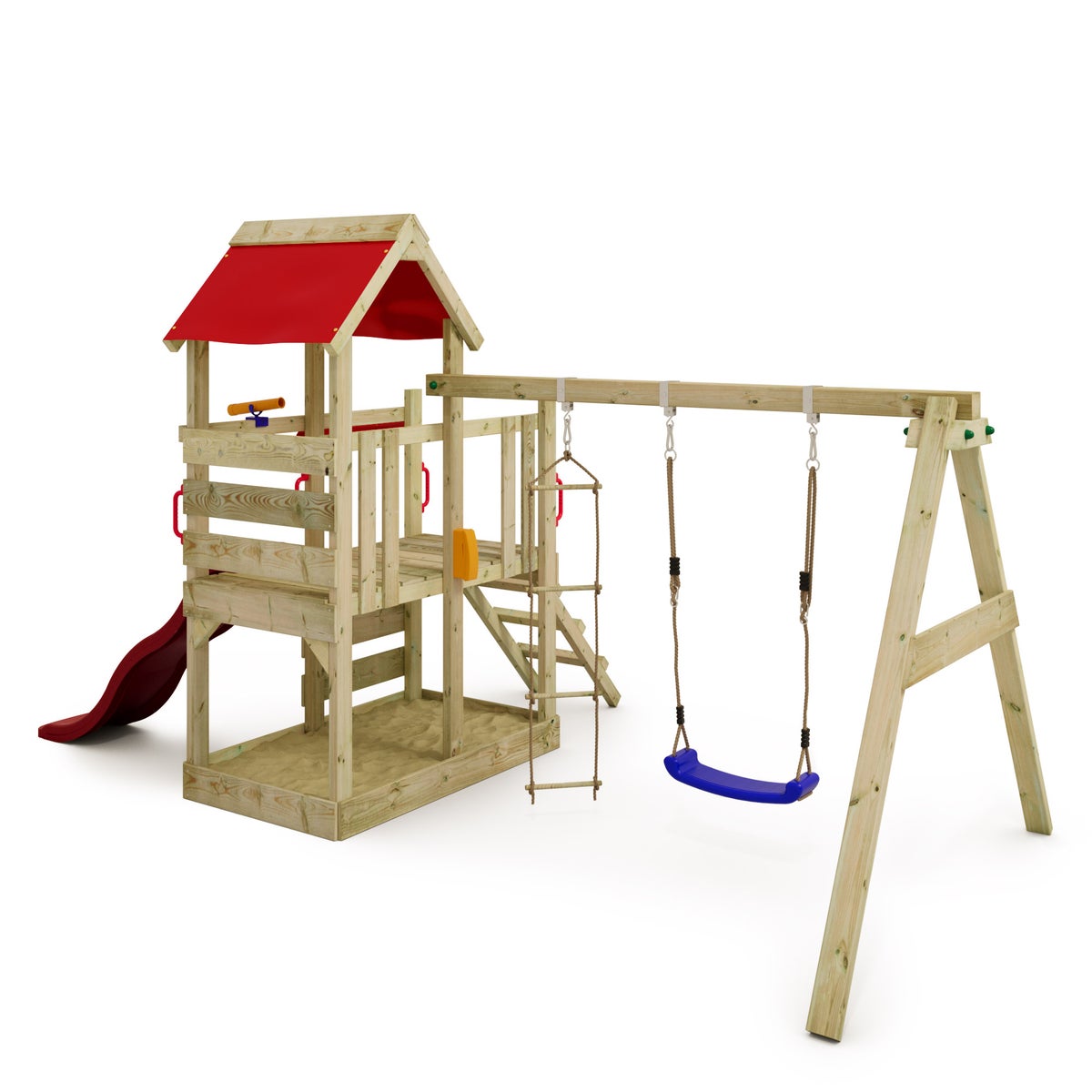 WICKEY TurboFlyer speeltoren klimtoestel met schommel en glijbaan, klimtoren met zandbak, ladder en speeltoebehoren - rood