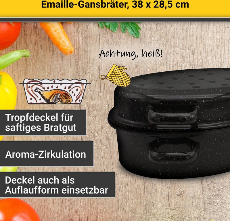 Kruger G 3808 F Ganzenbraadpan 38 cm - Roestvrij Staal - Zwart Ovaal - Met Druppeldeksel