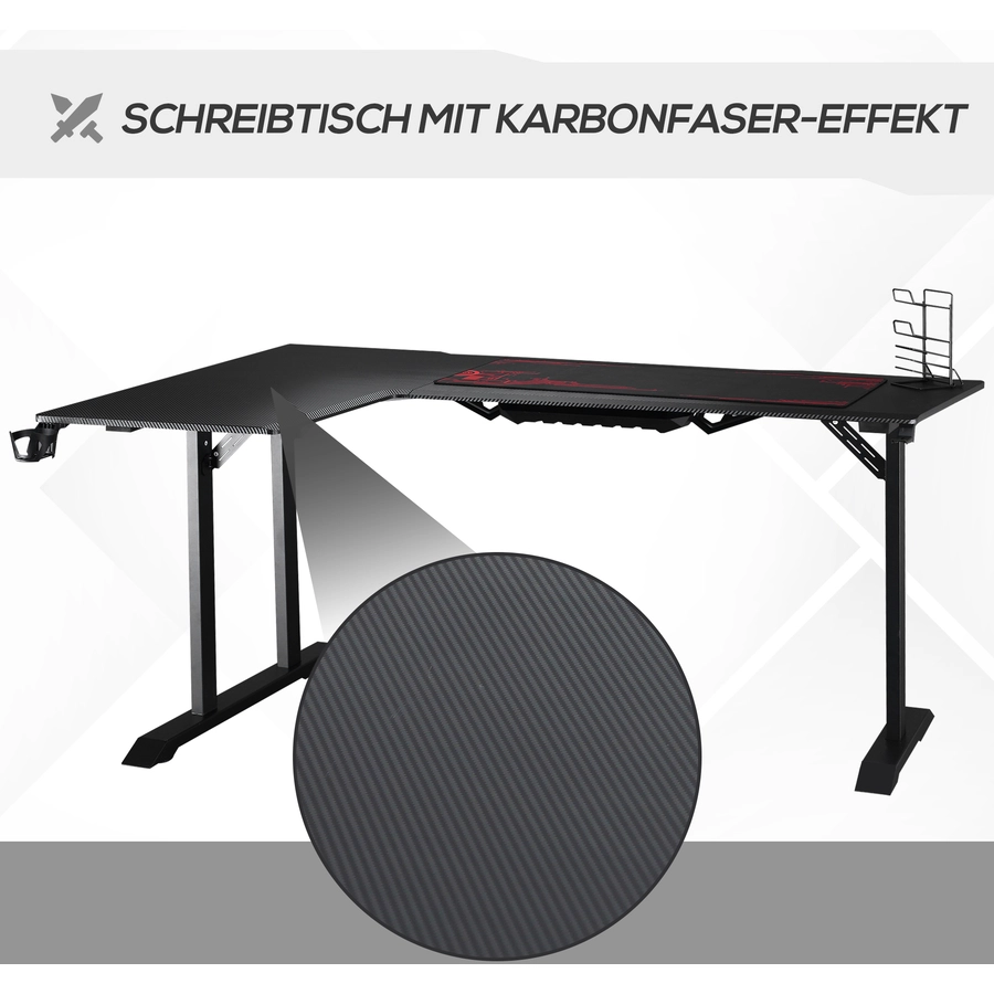 HOMCOM Gaming Tisch in L-Form mit Kopfhörerhaken und Getränkehalterung schwarz