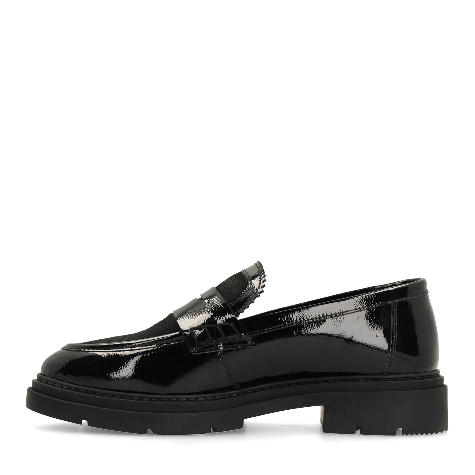Zwarte lakleren loafers met ponyhair