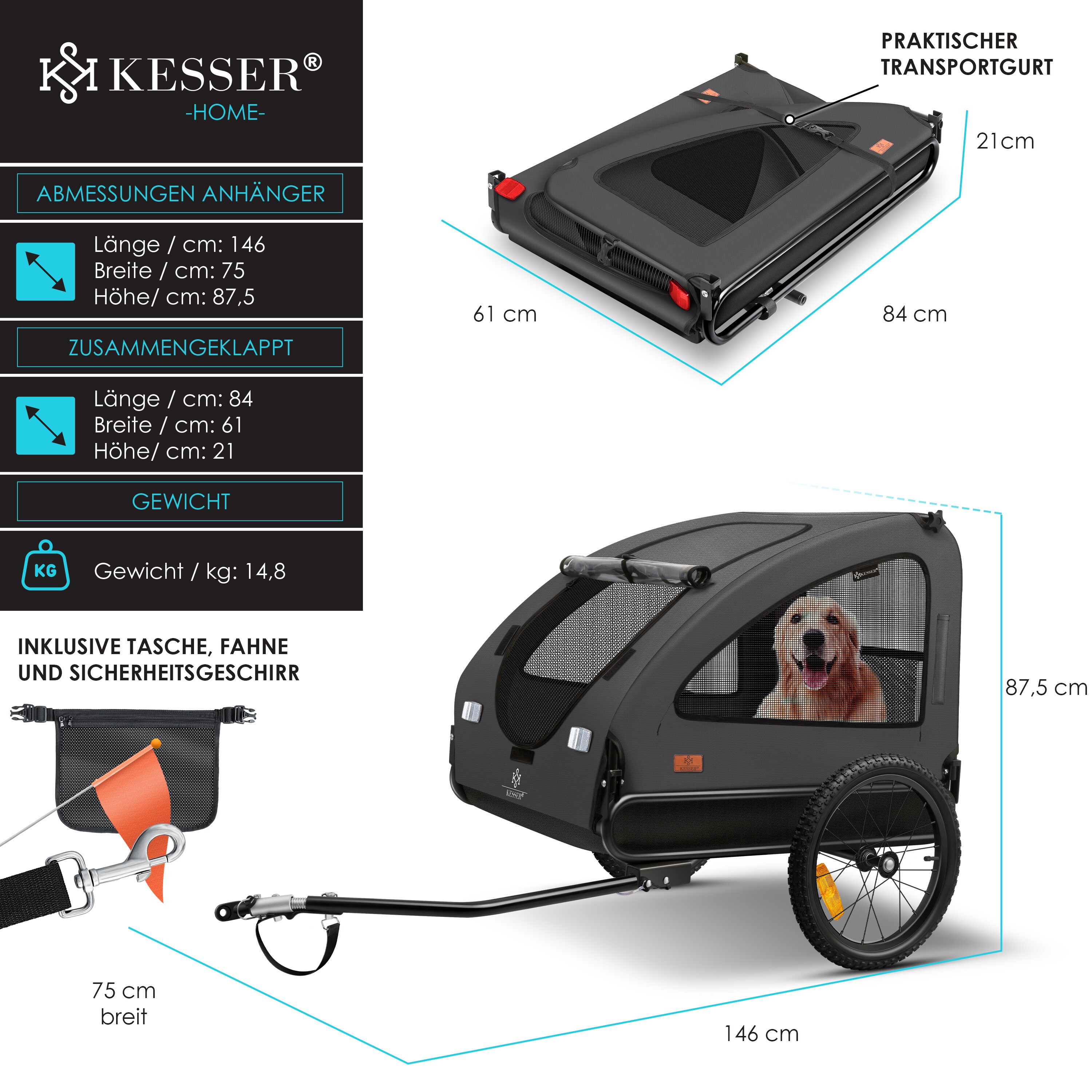 KESSER® Hundeanhänger Boxer 2-in-1 Hundebuggy Fahrradanhänger groß ca. 250L Volumen - Inkl. Fahne und Tasche - 600D Oxford Canvas, Klappbar SmartSpace Concept, maximale Belastbarkeit: 45kg