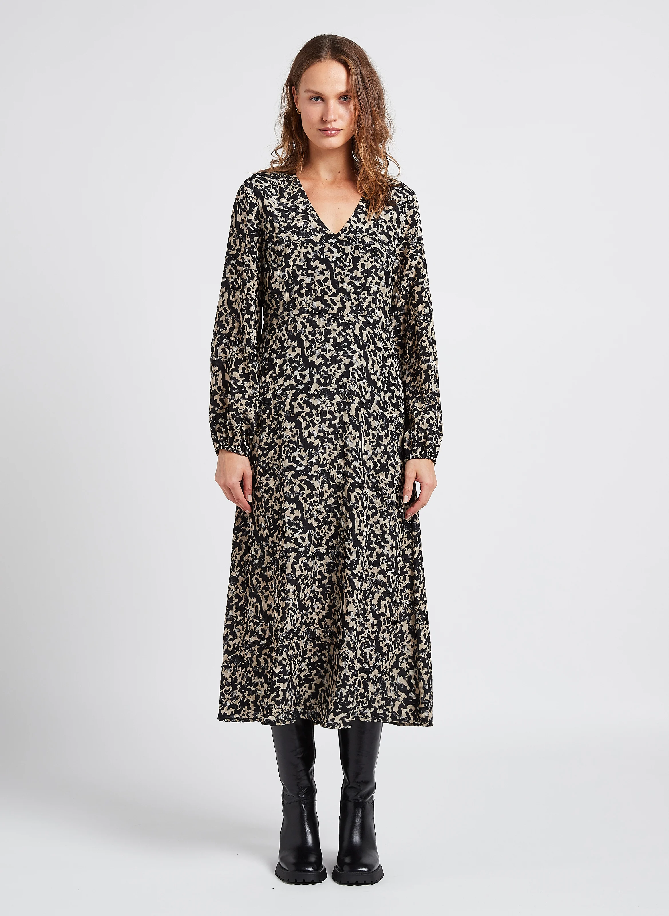RHIAN - Robe midi col V imprimée| Multicolore