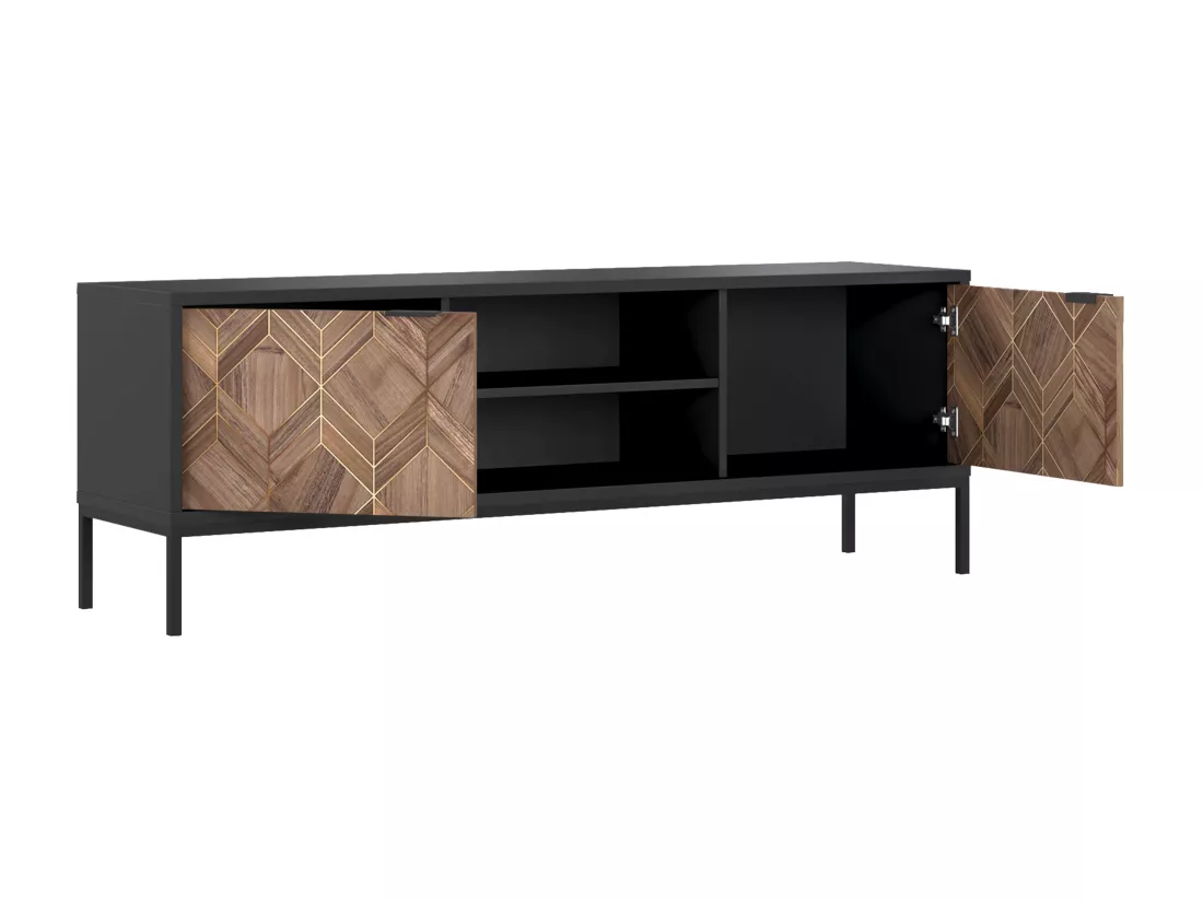 Meuble TV avec 2 portes et 2 niches - Noir et Naturel foncé - MIALINE