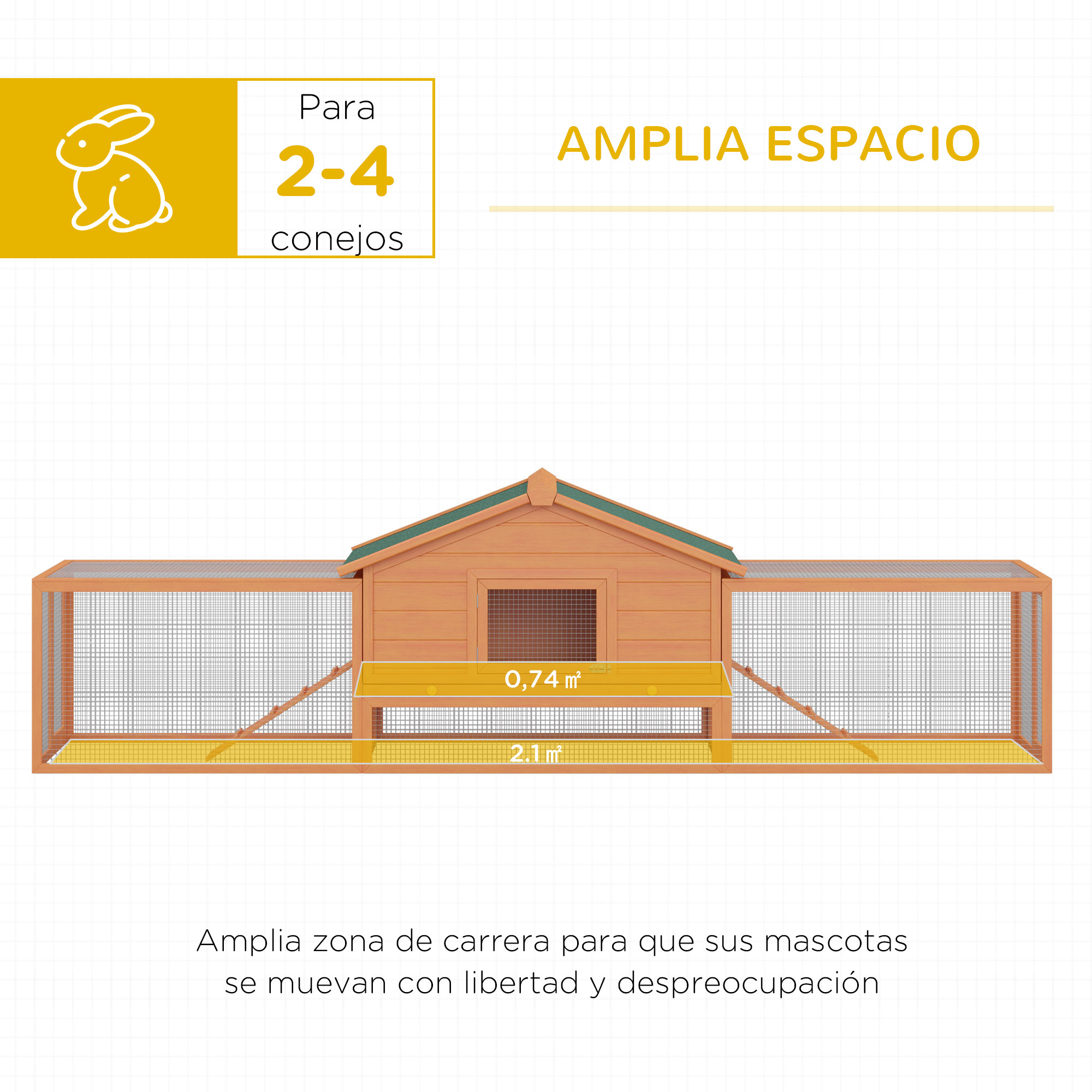 Gaiola de madeira PawHut para coelhos, 309 x 79 x 86 cm, grande, para uso externo, comporta de 2 a 4 coelhos, com 2 compartimentos, bandeja removível, telhado de asfalto, 2 rampas, cor natural.