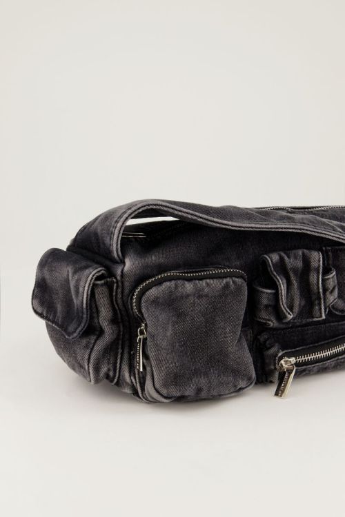 Grijze denim schoudertas met vakjes en ritsen