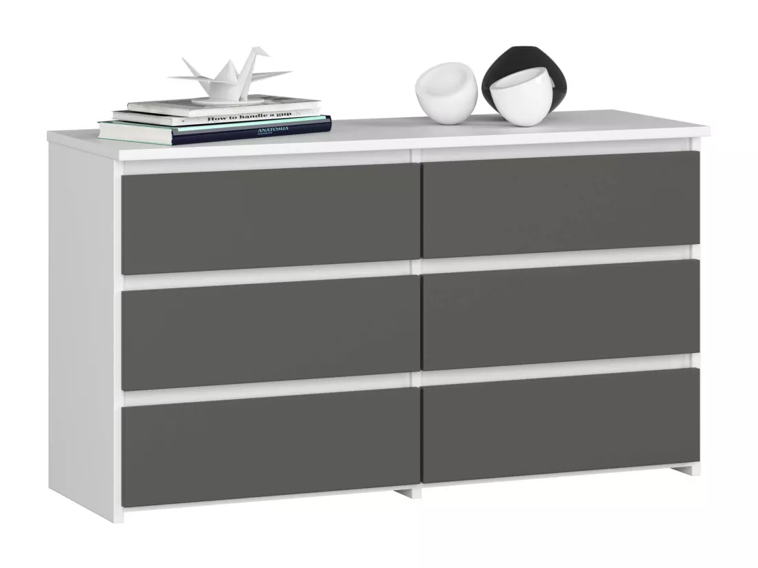 Petite Commode AKORD CL100 Blanche 100 cm 6 tiroirs façade Gris Graphite 100x35x57 cm