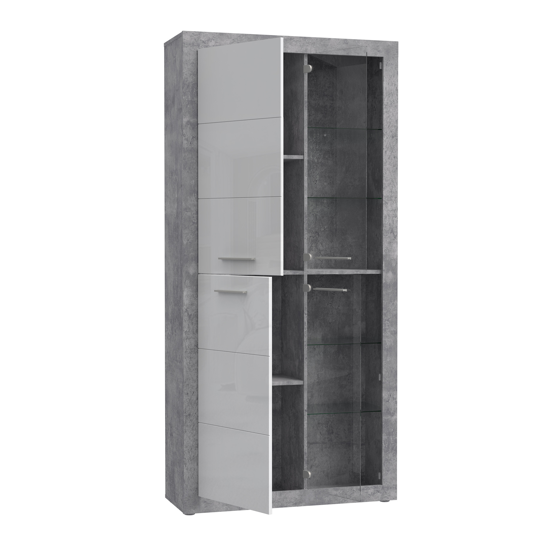Vitrine - Betonoptik - weiß Hochglanz - mit Beleuchtung