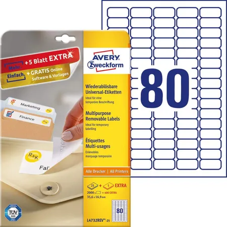 Avery Zweckform L4732REV-25 Universal-Etiketten,A4 35,6 x 16,9 mm, 30 Bogen/2.400 Etiketten, weiß