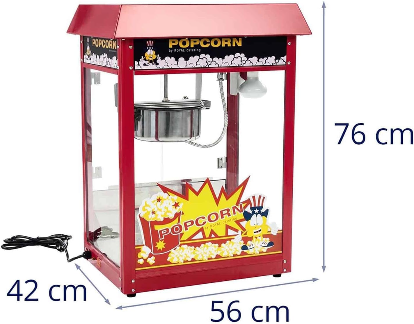Royal Catering Popcornmaschine Retro-Design in Rot 1500 W 5 kg/h beleuchteter Innenraum Wärmefunktion entnehmbarer Topf mit Antihaftbeschichtung Krümelschublade Popcornmaker Popcornautomat