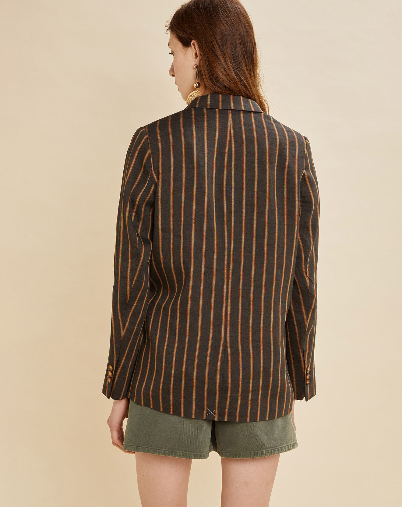 Chloé Stora Veste blazer en Lin mélangé Valeria rayée kaki