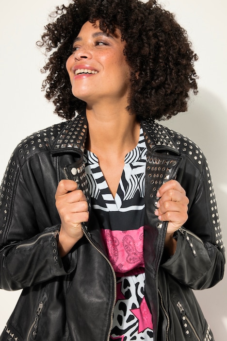 Leder-Bikerjacke, Ziernieten, Langarm