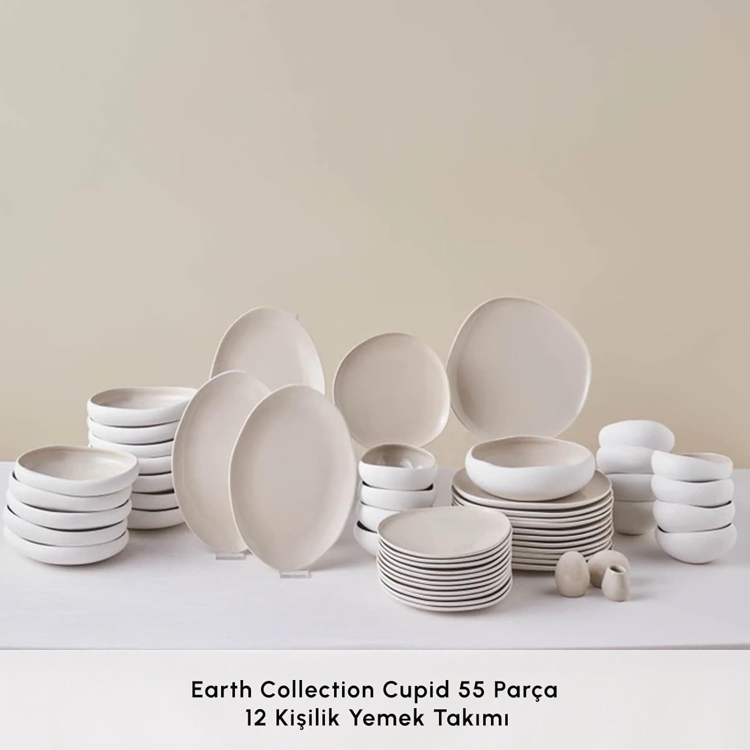 Karaca Earth Collection New Cupid 55-teiliges Steinzeug-Geschirrset für 12 Personen, Cremefarbene Teller- und Schüssel-Set, spülmaschinen- und gefrierschrankfest, Komplettes Geschirrset