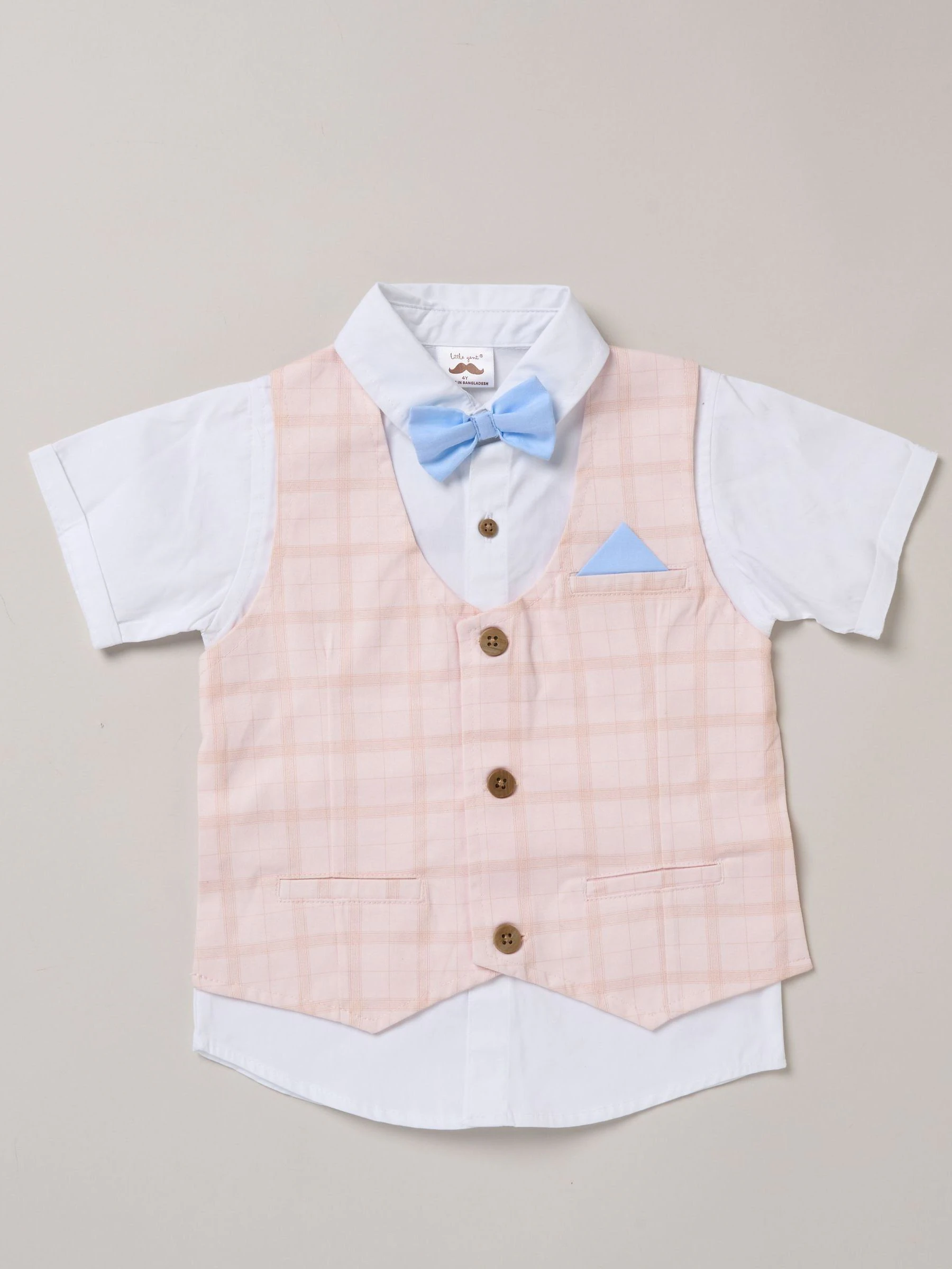 Blauw - Little Gent 100% Cotton Shirt with Mock Waistcoat Shorts and Bowtie Outfit Set