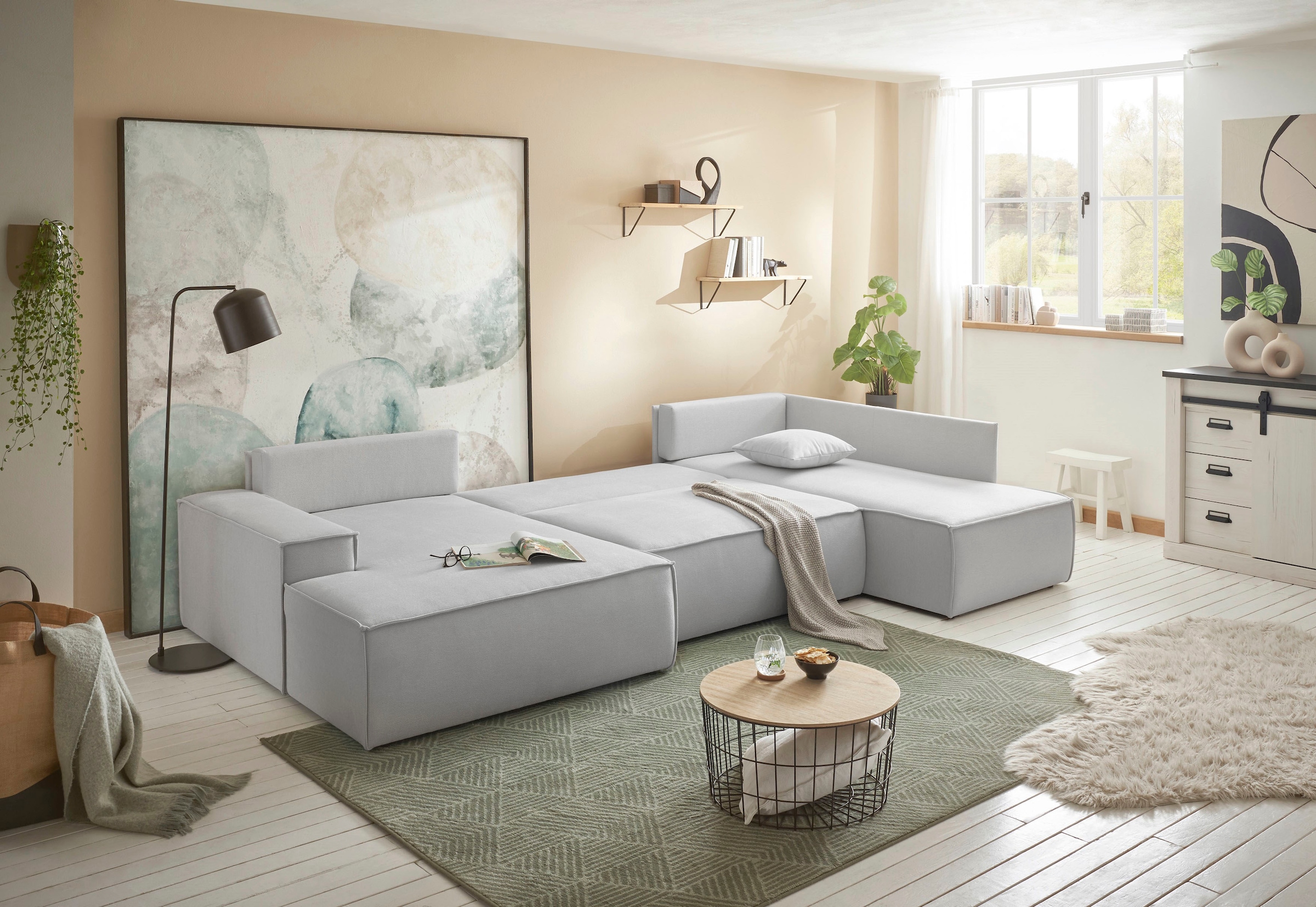 GOODproduct Wohnlandschaft »FINNLEY, U-Form XXL 329 cm, Schlafsofa, Schlaffunktion m. Bettkasten« verfügbar in den Stoffqualitäten Bouclé, Struktur fein und Mega Cord