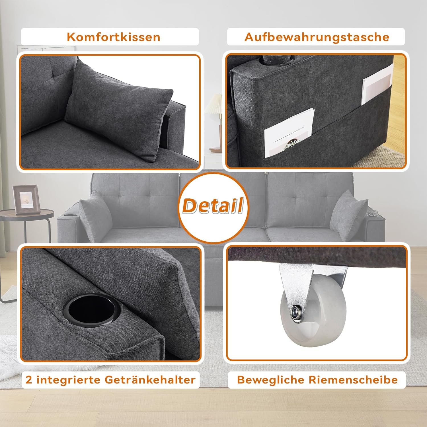 Bladez L-förmiges Schlafsofa mit Stauraum Getränkehalter austauschbare Chaise Longue Modernes Ecksofa Wohnzimmer Sofa Baumwoll-Leinen (Grau, 3 Sitzer)