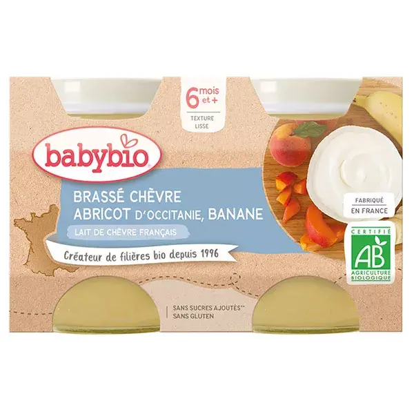 Sobremesas lácteas Babybio, potinho de leite de cabra mexido, damasco e banana, +6 meses, orgânico, 2 x 130g