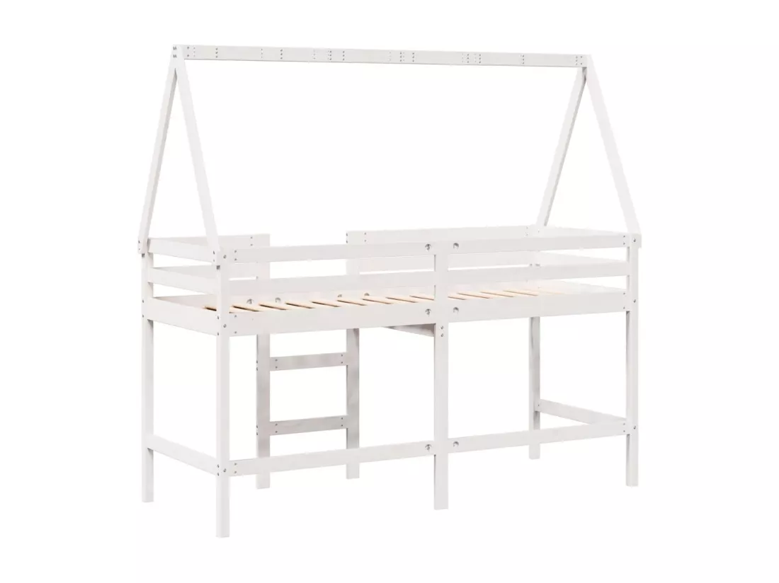 Lit superposé et échelle et toit blanc 90x200cm bois pin massif