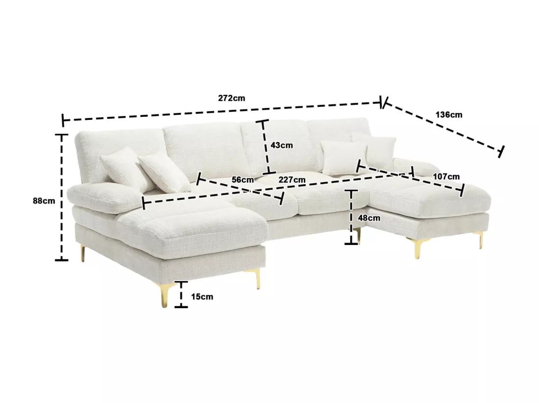 Canapé d'angle 4 places, 272x136x88cm,Grand canapé en forme de U, moderne, en tissu chenille, beige