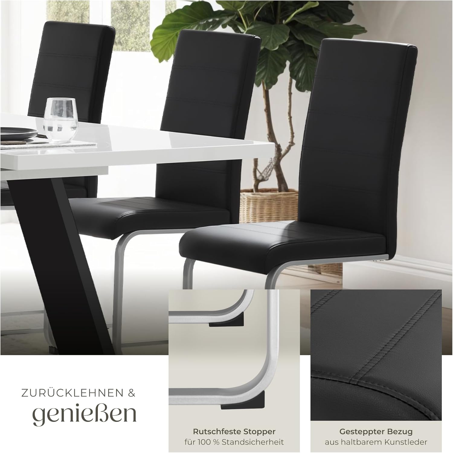 tectake Freischwinger Schwingstuhl, Stuhl 6er Set, Moderne Esszimmerstühle oder Küchenstühle mit strapazierfähigem Kunstleder Bezug - schwarz
