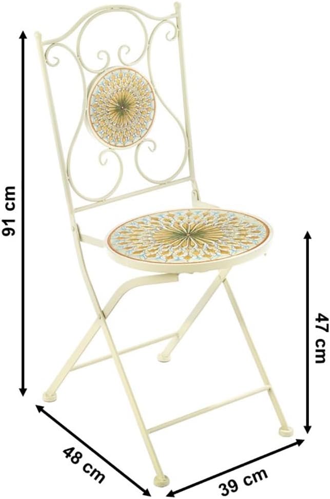 Kobolo Tischgruppe MOSAIKOPTIK | 3-teilig | weißer Metalltisch mit 2 passenden Klappstühlen | stilvolles Bistro-Set für Garten, Balkon, Terrasse | Gartenmöbelset im mediterranen Landhausstil