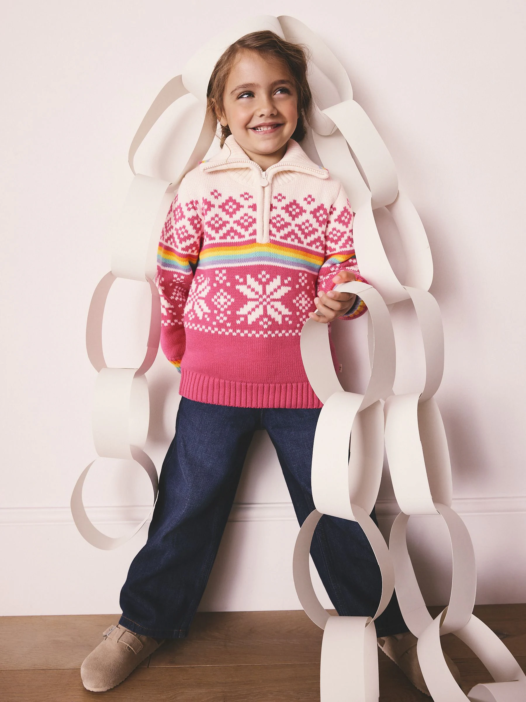 Little Bird by Jools Oliver Kindertrui met heldere Fairisle kwart-rits en gebreide familie Kerstmis Trui