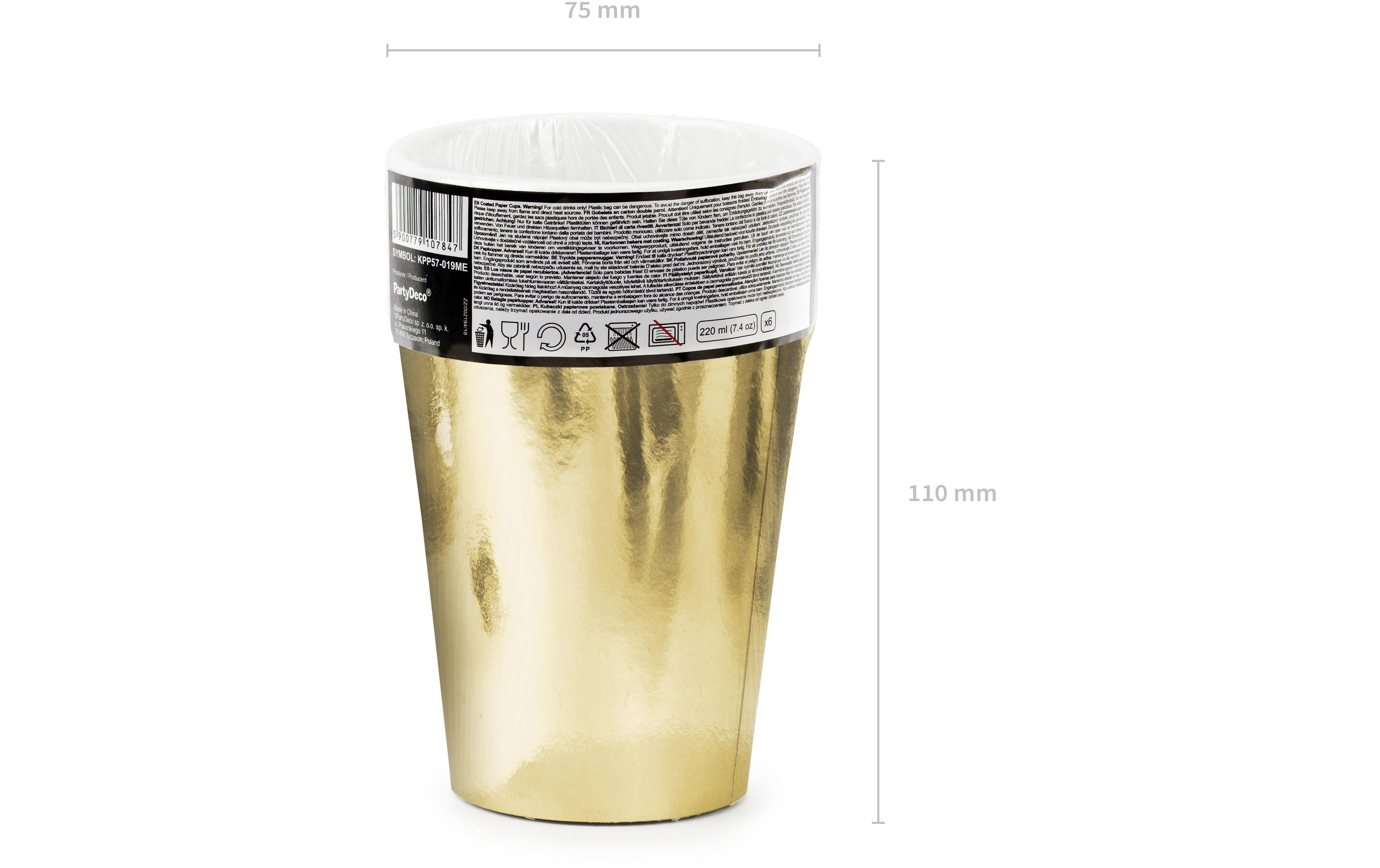Einwegbecher Uni 220 ml, 6 Stück, GoldPappbecher für Partys
