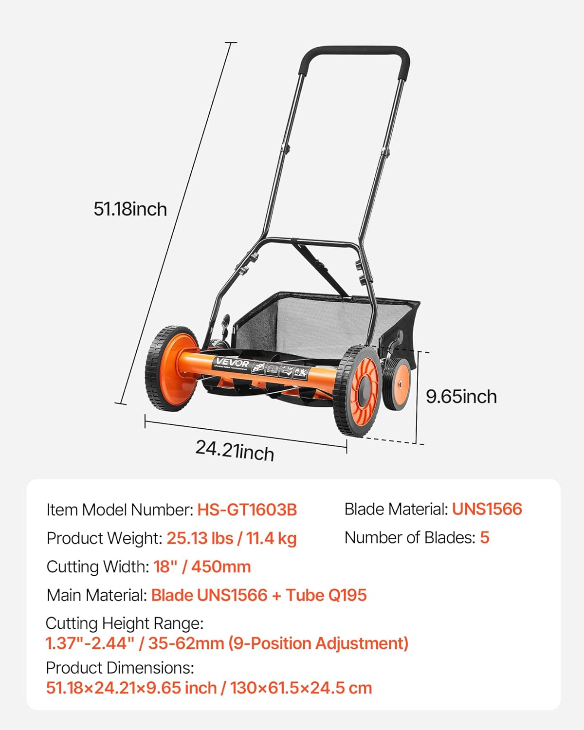 VEVOR Spindelmäher mit 450 mm Schnittbreite, Rasenmäher Schnitthöhe von 35 bis 62 mm, Handmäher mit 5 Klingen und Grasfangsack, Ideal für grüne Rasenflächen, Einfahrten, Innenhöfe