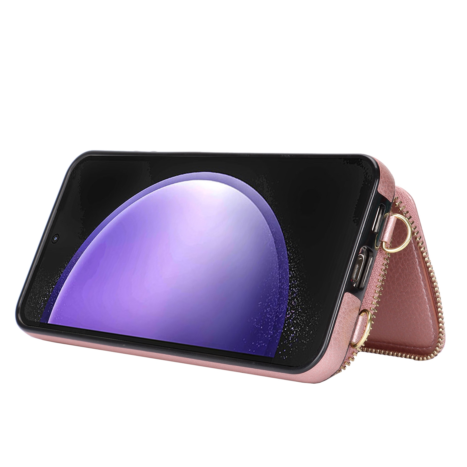 Samsung Galaxy S25 FE Necklace Leder Schutz Hülle mit Kartenfächer   Handykette (140cm) - Roségold