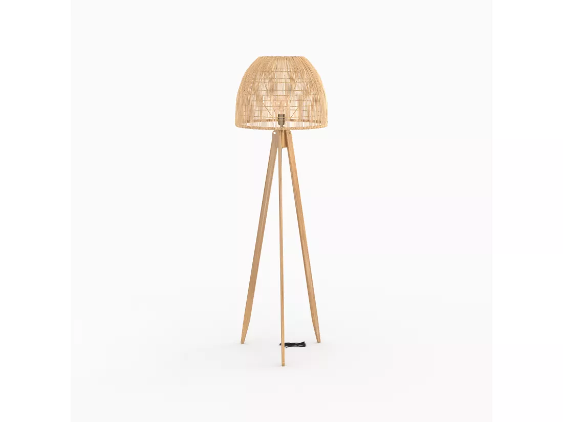 Lampadaire trépied en rotin et bois de teck massif - Corte