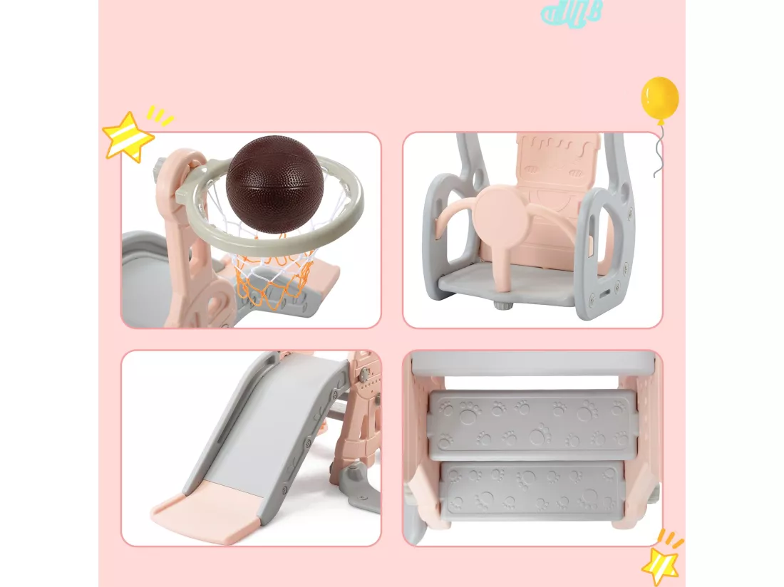 Toboggan 4 en 1 - avec escalier, balançoire, panier de basket - rose