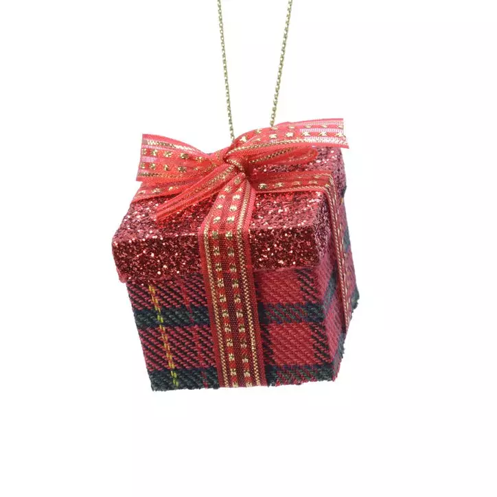 Suspension de fête (H4 cm) Cadeau carré pailleté Rouge