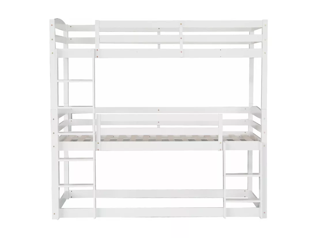Lits Superposés Triple - 90 X 200 cm - Pour Adultes Et Enfants - Protection Antichute - Blanc