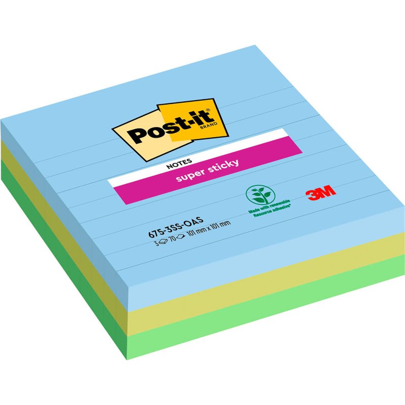 Notes lignées repositionnables couleurs Oasis Super Sticky Post-it 101 x 101 mm assortis - bloc de 70 feuilles