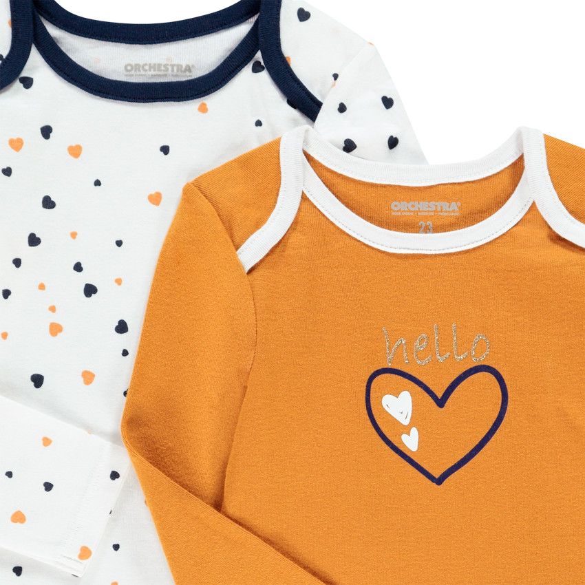Lot de 5 bodies manches longues motifs coeurs et lapin pour bébé fille - Ecru