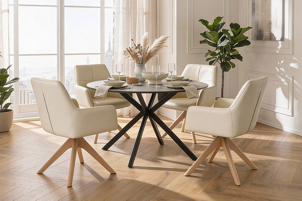 Drehbarer Stuhl ALMARA beige sand Echtleder 360° Taschenfederkern natur Eiche Massivholz