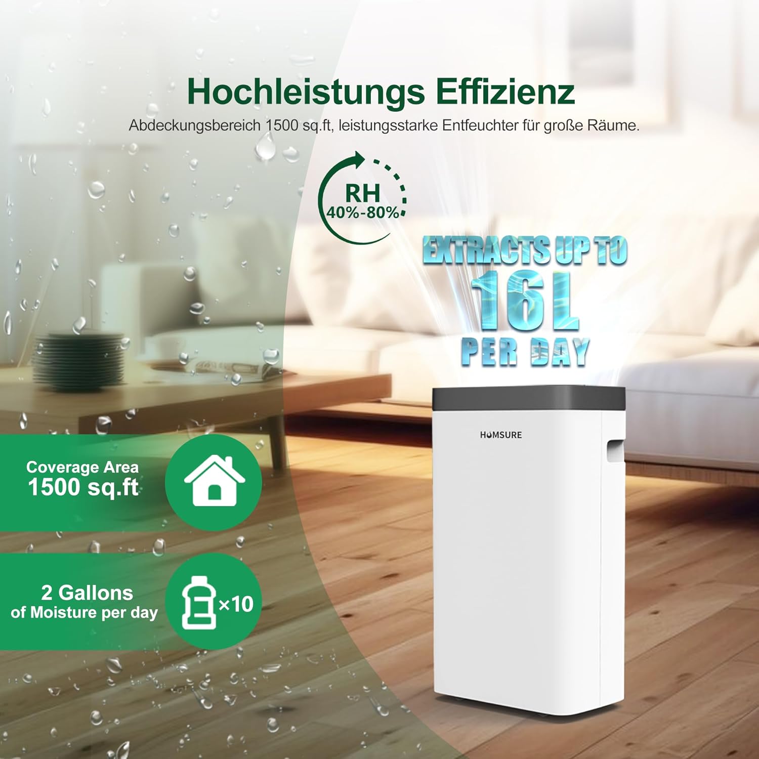 Luftentfeuchter 16L, Entfeuchter elektrisch, Luftentfeuchter Keller für Räume bis zu 122m³/25m², mit 1.2M Ablaufschlauch, Timer, 10 J. Gar.
