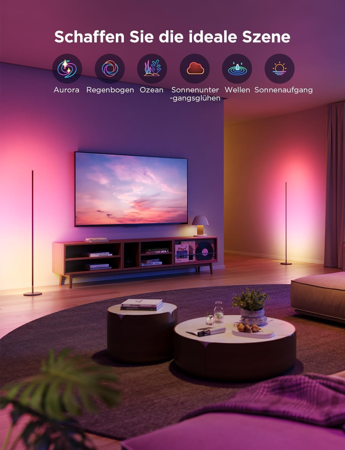 Govee RGBICW LED Stehlampe Wohnzimmer 2pack, WiFi Stehlampe Dimmbar, Arbeiten mit Alexa und Matter, 16 Millionen Farben, 85 Szenenmodi, Musikmodi, DIY-Modus Standleuchte für Schlafzimmer, Schwarz