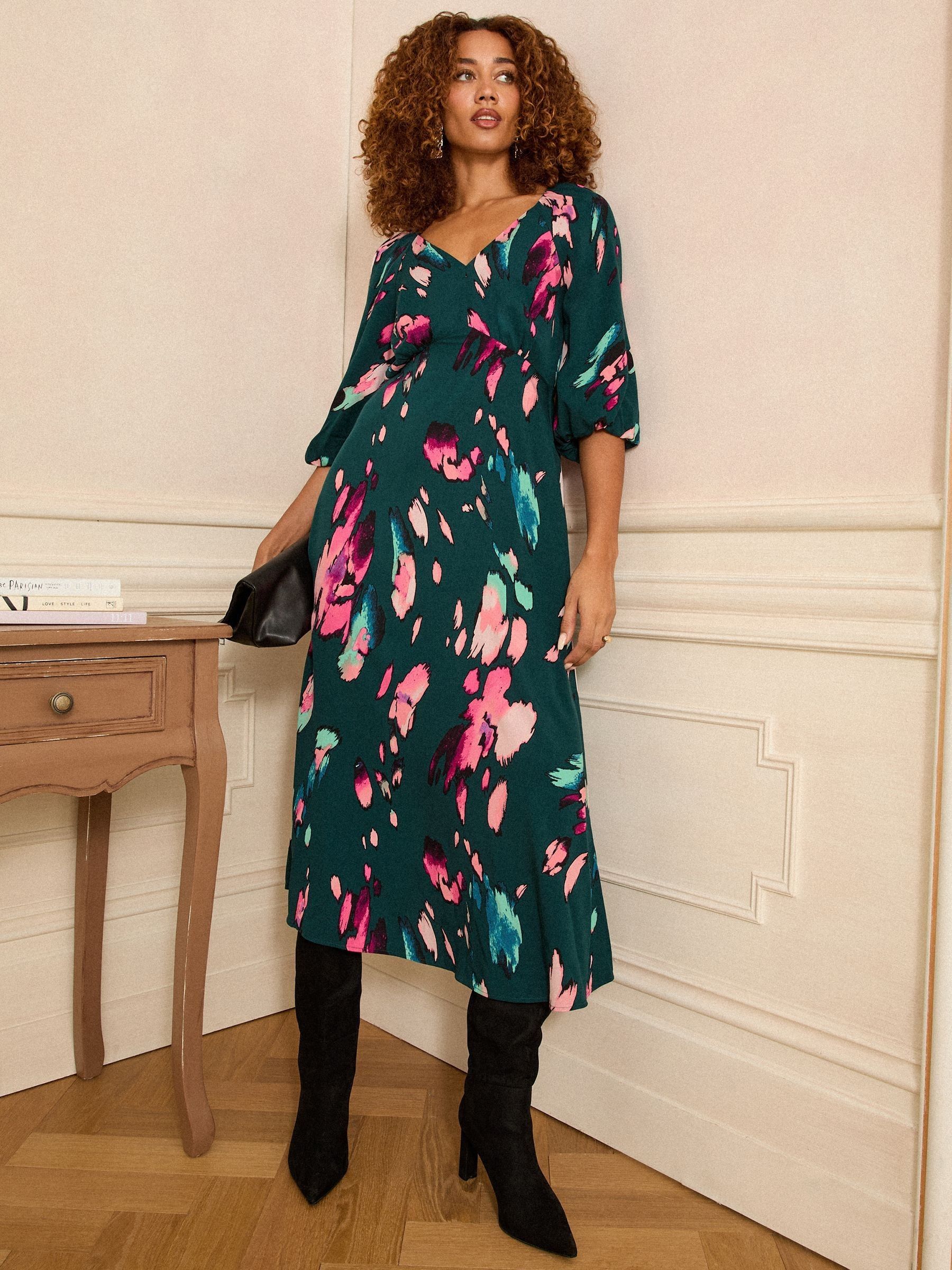 Groen met dierenprint - Love & Roses - Midi-jurk met print, V-hals en pofmouwen